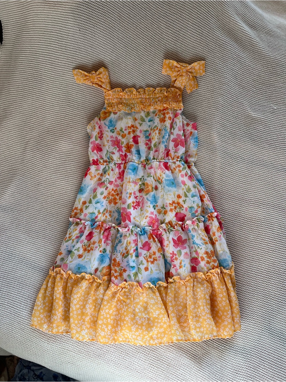 Jona Michelle Yellow Floral Tiered Dress with Bow Straps